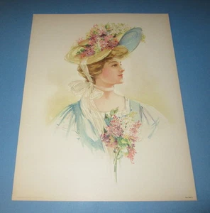 Old Vintage 1908 - Antique VICTORIAN PRINT - Lady - HIACINTHS - Flower HAT - Picture 1 of 1