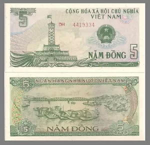 Viet Nam P92, 5 Dong, Flag Tower / trestle bridge, river, boats 1985 UNC $5CV! - Picture 1 of 1