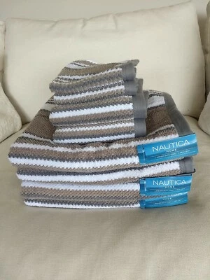 Nautica 8 pc Lakeview Towels Coastal Nautical Beach Brown White Gray Striped A17 - Image 1 of 4