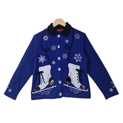Cárdigan De Colección Onque Informal Patines de Hielo Vacaciones Talla S Azul Negro Copos de Nieve Muñeco de Nieve Foto 1 de 4