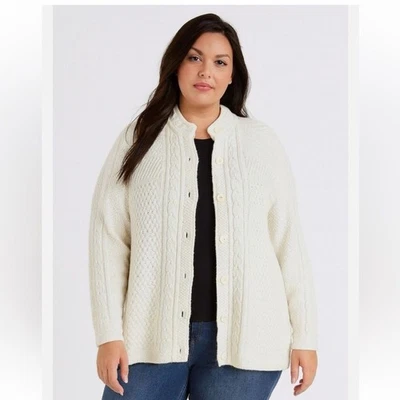L.L. Cardigã Bean Botão Suéter Pescador Malha Cabo Algodão Marfim Feminino LP - Imagem 1 de 4