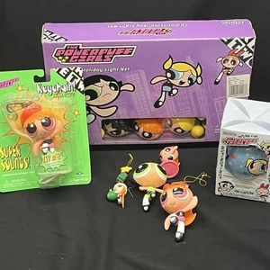 Vintage 1990er gemischtes Set Power Puff Mädchen Weihnachtsbeleuchtung Ornament Schlüsselanhänger - Bild 1 von 7