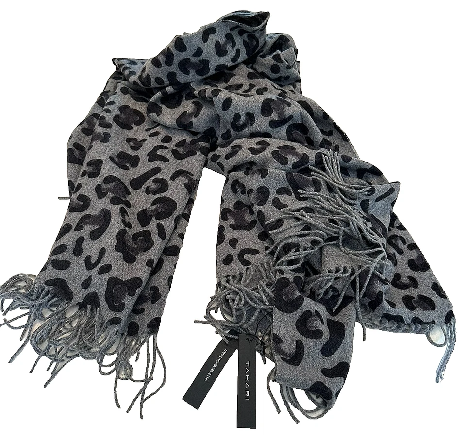 TAHARI 100% 2 PLY CASHMERE 动物印花 灰色/黑色 Throw Blanket 全新带标签 — 第 1/4 张图片