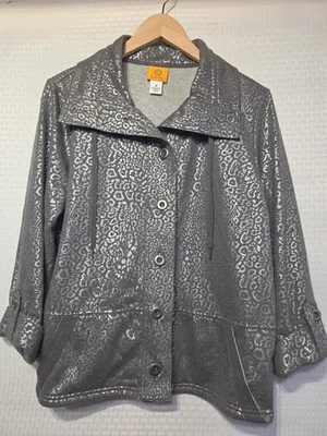 Ruby Rd. Metallic Leopard Print Button Front Jacket M Gray Silver Animal... - Image 1 of 4