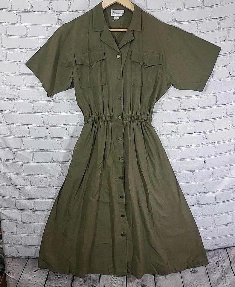Camisa vintage anos 90 exército verde botão elástico bolsos cintura modesto L algodão EUA - Imagem 1 de 4