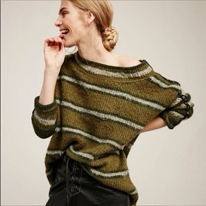 Free People Womens XS Alpaca Blend Sweater Green Striped Soft Oversize Cropped - Picture 1 of 7