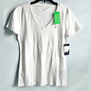 Tommy Hilfiger Mujer Blanco Algodón Cuello en V Camiseta Talla Mediana - Imagen 1 de 7