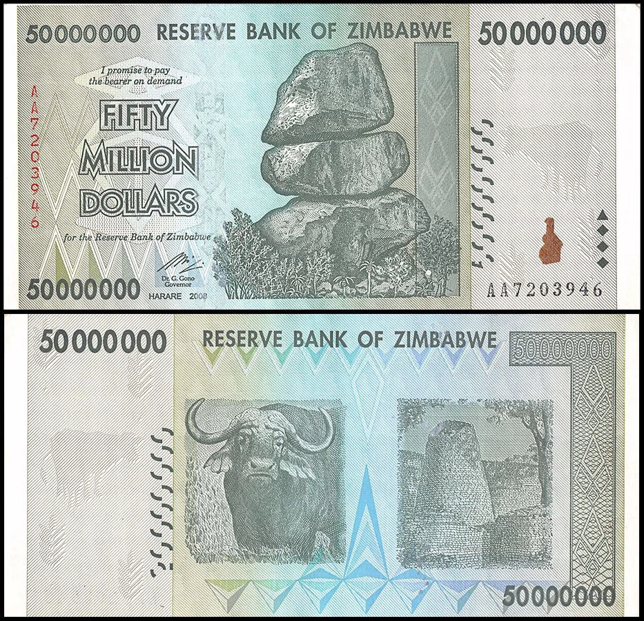 Zimbabwe 50 Million Dollars, 2008, P-79, Used - Image 1 of 1