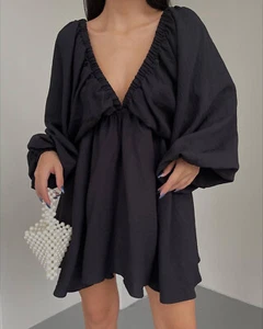 Nuevo Vestido Cuello en V Mangas Largas con Mangas Burbujas y Falda Swing Grande - Imagen 1 de 35