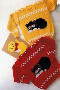 Vintage Copy Cat Motif Sweater in 4 or 8 ply 50 to 65cm chest - Picture 1 of 1