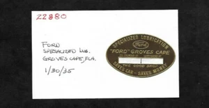 Ford Groves 1935 capa, etiqueta recordatoria de cambio de aceite FLA... archivo Angell MFG - Imagen 1 de 2