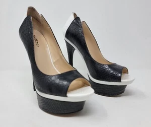 Bebe Black and White Faux Leather Snake Print Open Toe Platform Heels Size 8 - Picture 1 of 8