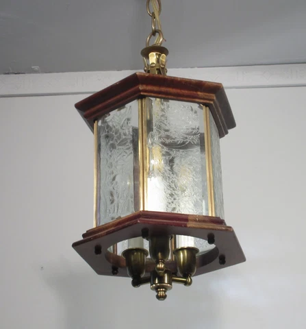 Vintage Lantern Chandelier Fixture 3 Light Wood Brass Glass Rewired Lamp Cover