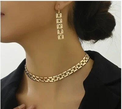NEW WOMEN'S SQUARE LINK NECKLACE CHOKER & DANGLE DROP EARRING SET YELLOW GOLD - Image 1 of 4
