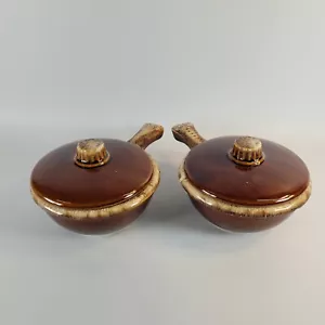 Vintage 60er Rumpf braun Tropfglasur Suppe Eintopf Chili Schüssel mit Griff & Deckel 2er Set - Bild 1 von 11