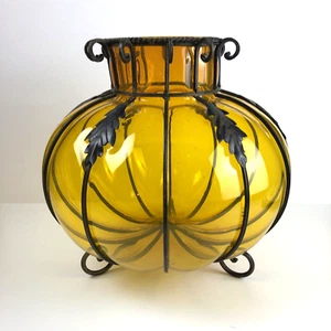 MCM Large Wrought Iron Cage Orange Blown Out Glass Footed Vase 12"H x 12"W - Picture 1 of 12