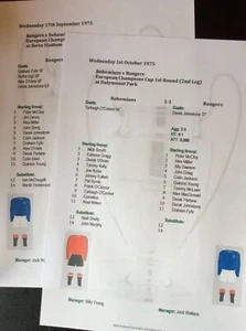 1975-76 Rangers v Bohemians European champions cup 1st Round x2 Matchsheets - Picture 1 of 1