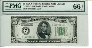 FR 1951-G 1928A $5 FEDERAL RESERVE PMG 66 EPQ GEM UNCIRCULATED - Picture 1 of 2