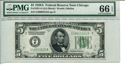 FR 1951-G 1928A $5 FEDERAL RESERVE PMG 66 EPQ GEM UNCIRCULATED - Image 1 of 2