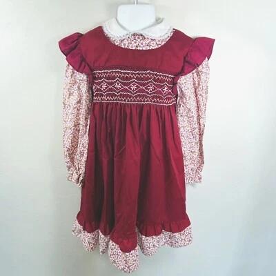 Niñas 6X Vestido Vintage Polly Flinders Calado Borgoña Floral Volantes Ala de Ángel Foto 1 de 4