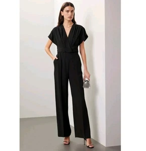 RTR BOSS Hugo Boss Black Debasa Short Sleeve V-Neck Wide Leg Jumpsuit Size S - Picture 1 of 8