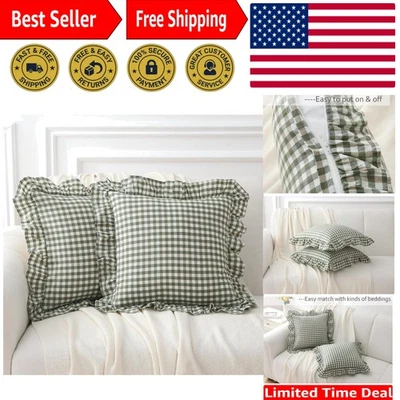 Elegant 2 Pack Sage Green Ruffle Gingham Pillow Covers 18x18 for Chic Decor - Image 1 of 4