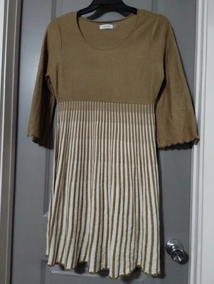 Calvin Klein Women Knee Length Sweater Dress Tan & Ivory Crochet XL Bell Sleeve - Image 1 of 4