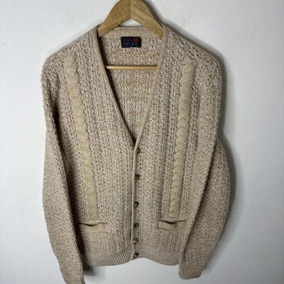 Vintage Sears Premiere Knit Cardigan Beige Cable Button Sweater Men XL Collage  - Image 1 of 4