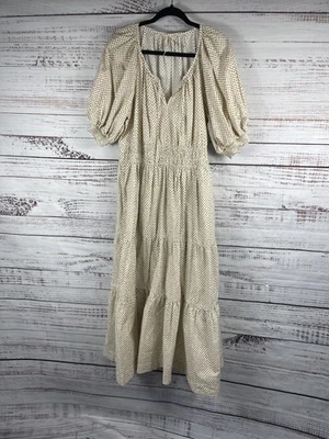 Anthropologie Dress Womens XL Dot Puff Sleeve Smocked Tiered Maxi Pockets Boho - Image 1 of 4