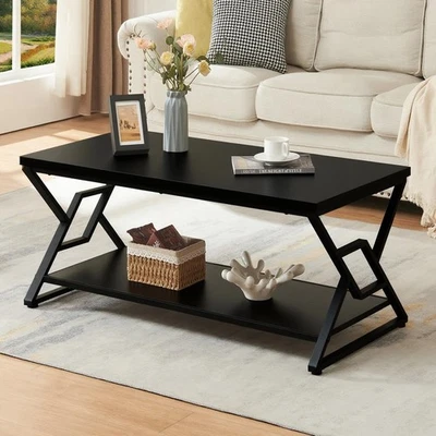 Mesa de centro, mesa de centro rectangular rústica con almacenamiento de 2 niveles, diseñada con... Foto 1 de 4