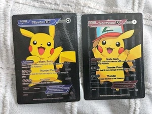 X2 Ash Pikachu EX & Pikachu EX Black Foil Fan Art Vinyl Collector Pokemon Card - Picture 1 of 6