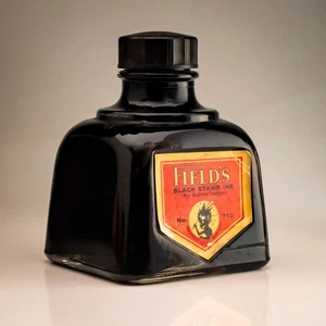Rare Vintage Field’s Black Stamp Ink Bottle Full + Label Embossed Field’s Ink - Bild 1 von 8