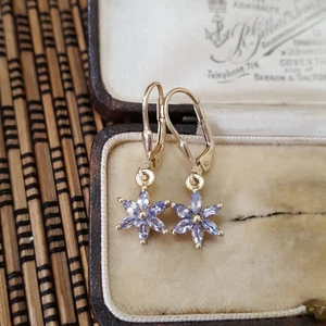 925 Sterling Silver Earrings, Genuine Tanzanite Gemstones Dangle, Gold Overlay - Picture 1 of 6