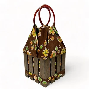 Vintage 1970s Dark Wood Retro Floral Fabric O Ring Handle Box Clutch Purse - Picture 1 of 12