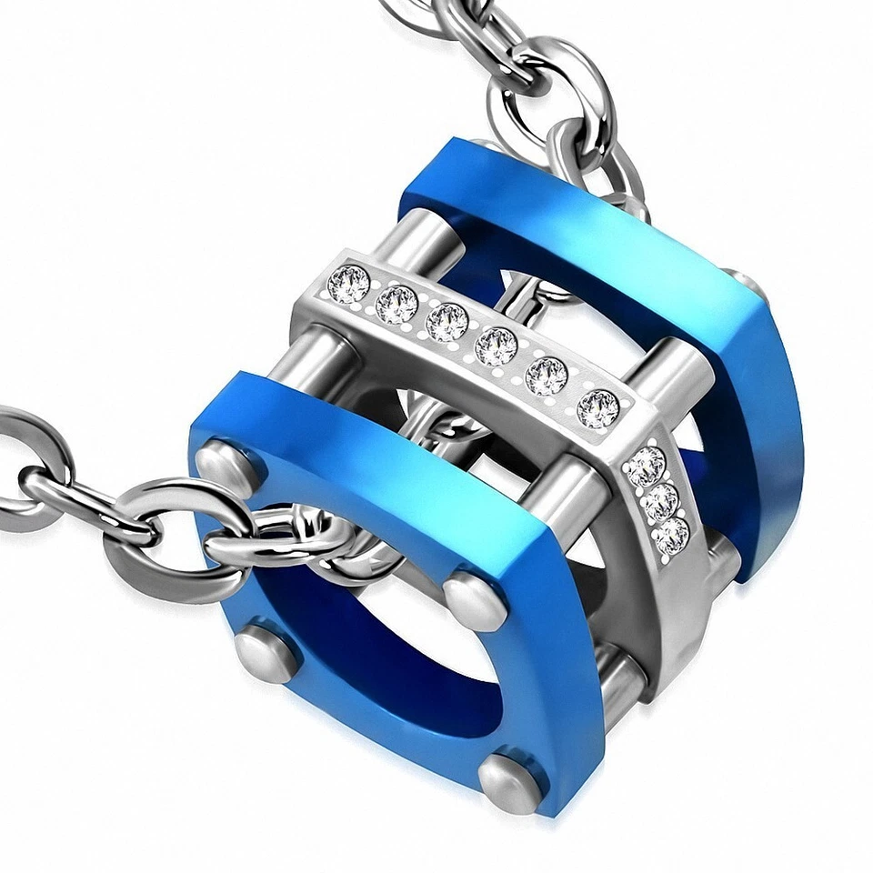 Ciondolo A Anello Quadrato Geometrico IN Acciaio Inossidabile Argento/Blu Con - Immagine 1 di 1