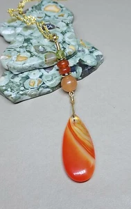 Orange Carnelian Pendant Gold Wired Gemstones Colorful Orange Teardrop Crystal - Picture 1 of 11