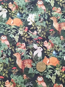 Per HALF METRE Woodland Forest Animals Deer Bunny Owl Christmas Cotton Fabric - Picture 1 of 2