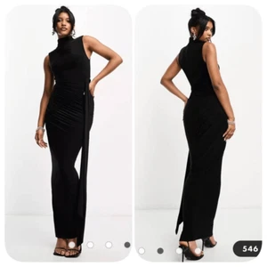 NUEVO SIN ETIQUETAS Naked Wardrobe Acanalado Detalle Hombro Drapeado Maxi Vestido en Negro Talla S - Imagen 1 de 10