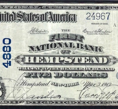 🇺🇸 NY 1902 $5 ♚♚HEMPSTEAD, NEW YORK♚♚ PMG VF 25 HARD TO FIND - Image 1 of 3