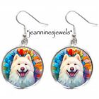 Samoyed Husky Dog Earrings Simulated Stained Glass Art Print Silver Charm Dangle