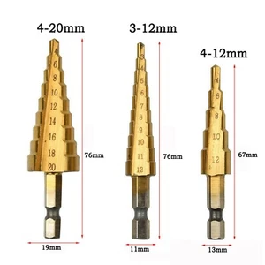 Juego de 3 PIEZAS HSS taladro cono escalonado acero titanio metal orificio broca cortadora de brocas de 4-20 mm bolsa - Imagen 1 de 6