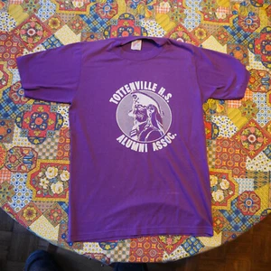 Vintage 1980s Tottenville High Pirates t-shirt 80s Purple Pirate Skull Small - Picture 1 of 6