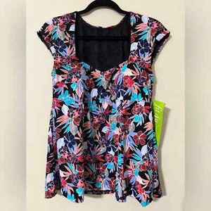 Fit 4U size 16 Kokomo cap sleeve swim top lined black floral print slimming NWT - Picture 1 of 12