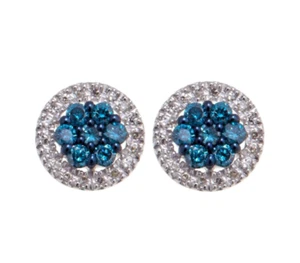 Rarities Sterling Silver Blue and White Diamond Halo Earring Studs - Picture 1 of 3