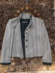 Vtg Louis Feraud Cropped Herringbone Tweed Blazer Leather Trim Womens 10 - Picture 1 of 16