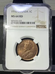 Moneda de bronce grande de 1 centavo de Jorge V de Canadá 1916 totalmente original roja NGC MS64 RD 8/4 - Imagen 1 de 2