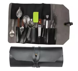 Vajilla de viaje picnic camping cubiertos cuchillo tenedor bolsa cuero vaca negro W944 - Imagen 1 de 4