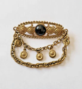 Antique Pot Metal Brooch Black Stone With Hanging Chain - Picture 1 of 5