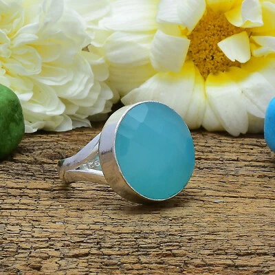 Aesthetic Acqua Calcedonio Gemma 925 Argento Sterling Mano Anello Tutti Misura - Immagine 1 di 4