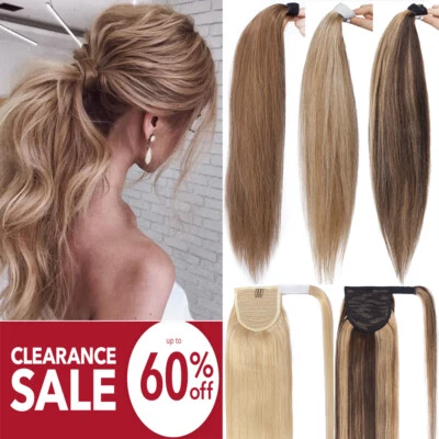 Hair Extensions Ponytail Clip In Wrap Around 100% Remy Human Hair Pony Tail AAA+ - Image 1 of 4